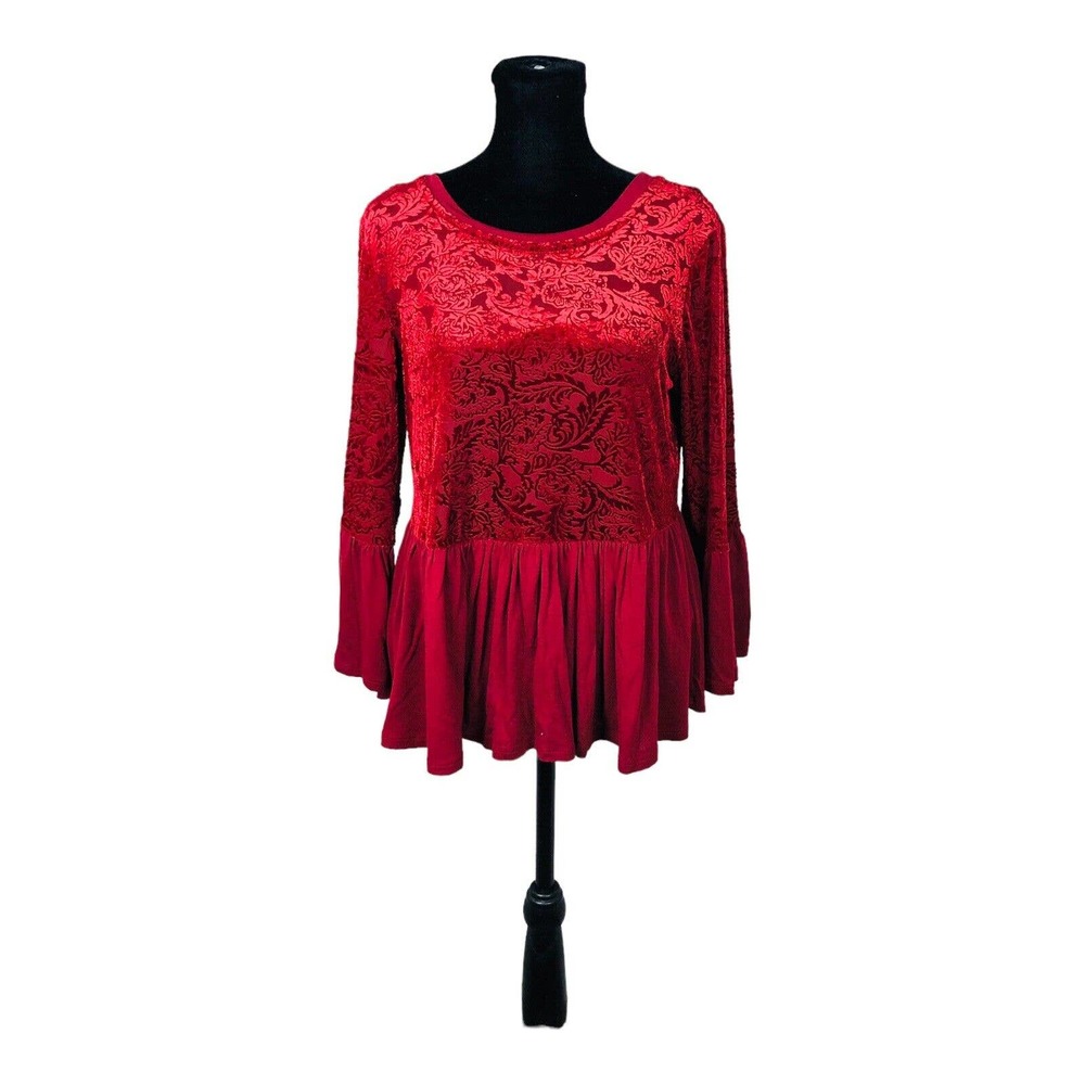 2111 altrd state Women's Red Velvet Textured Peplum Blouse Sz Medium